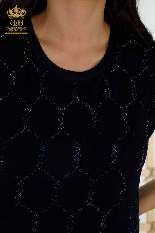 Toptan Kadın Bluz Kısa Kol Desenli Lacivert - 79304 | KAZEE