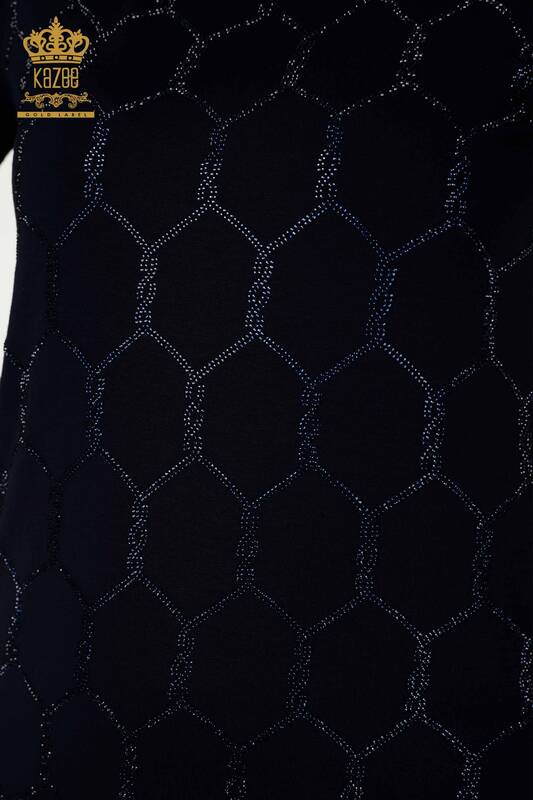 Toptan Kadın Bluz Kısa Kol Desenli Lacivert - 79304 | KAZEE