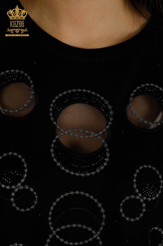 Toptan Kadın Bluz Kısa Kol Desenli Siyah - 79094 | KAZEE