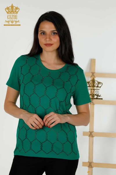 Toptan Kadın Bluz Kısa Kol Desenli Yeşil - 79304 | KAZEE - Thumbnail