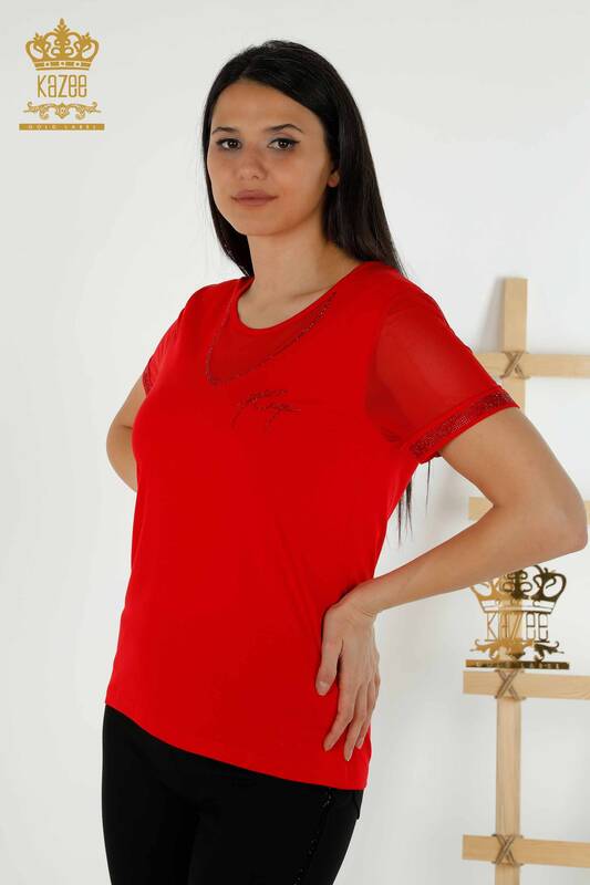 Toptan Kadın Bluz Kısa Kol Kırmızı - 79104 | KAZEE