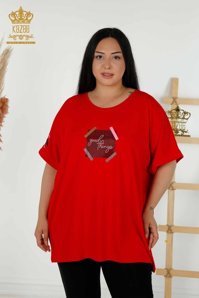 Toptan Kadın Bluz Kısa Kol Kırmızı - 79323 | KAZEE - Thumbnail