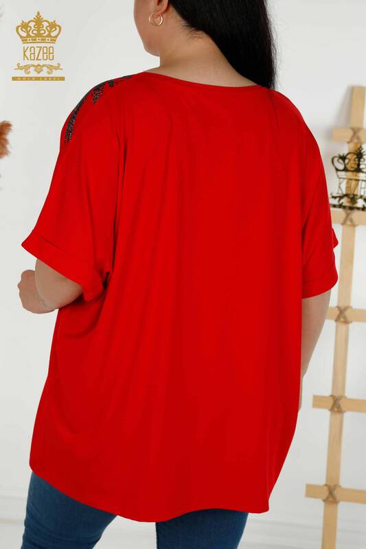 Toptan Kadın Bluz Kısa Kol Kırmızı - 79324 | KAZEE