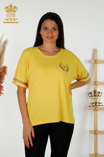 Toptan Kadın Bluz Kısa Kol Sarı - 79236 | KAZEE - Thumbnail