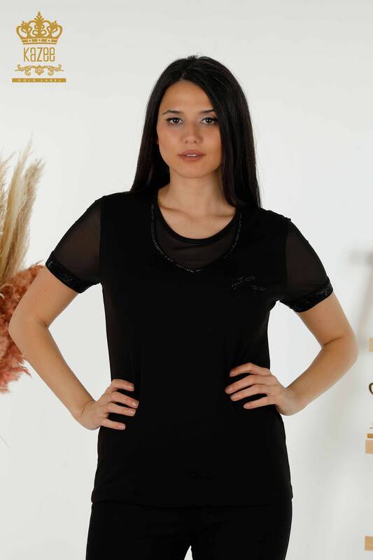 Toptan Kadın Bluz Kısa Kol Siyah - 79104 | KAZEE