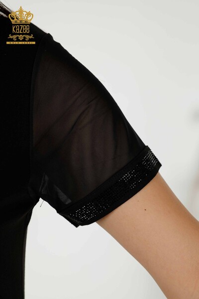 Toptan Kadın Bluz Kısa Kol Siyah - 79104 | KAZEE - Thumbnail