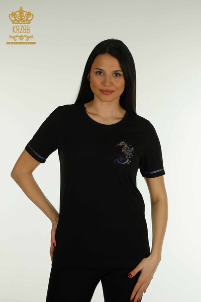 Toptan Kadın Bluz Kısa Kol Siyah - 79511 | KAZEE - Thumbnail