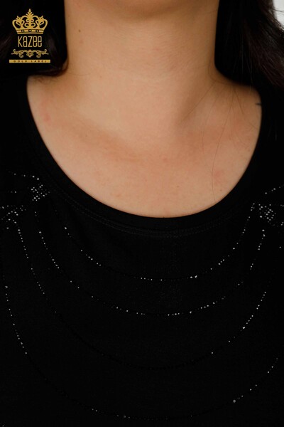 Toptan Kadın Bluz Kısa Kol Siyah Ekru - 79334 | KAZEE - Thumbnail