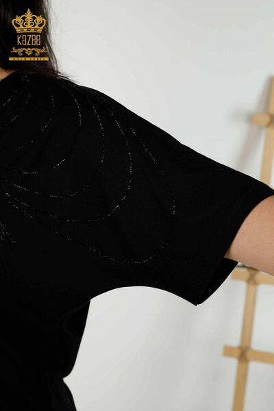 Toptan Kadın Bluz Kısa Kol Siyah Ekru - 79334 | KAZEE - Thumbnail