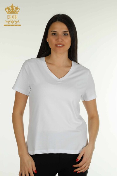 Kazee - Toptan Kadın Bluz Kısa Kollu Beyaz - 79561 | KAZEE