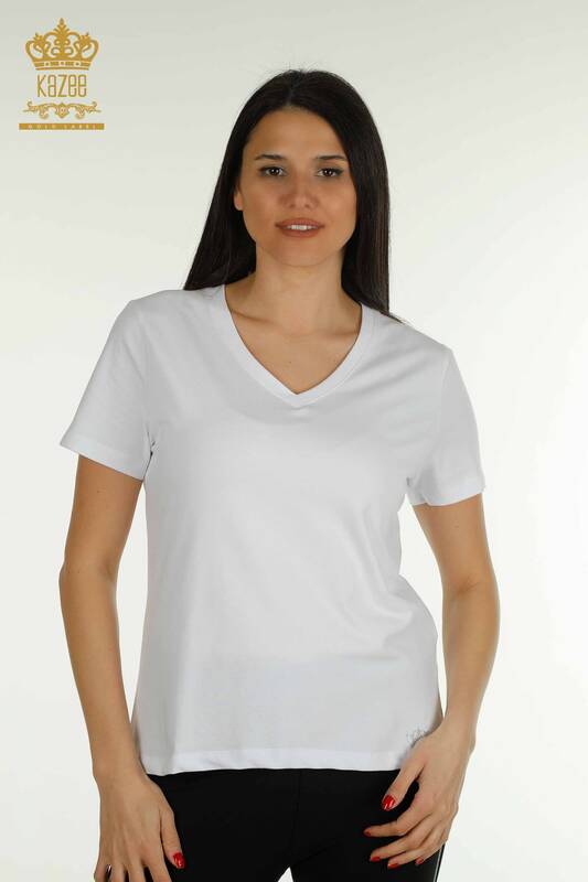 Toptan Kadın Bluz Kısa Kollu Beyaz - 79561 | KAZEE