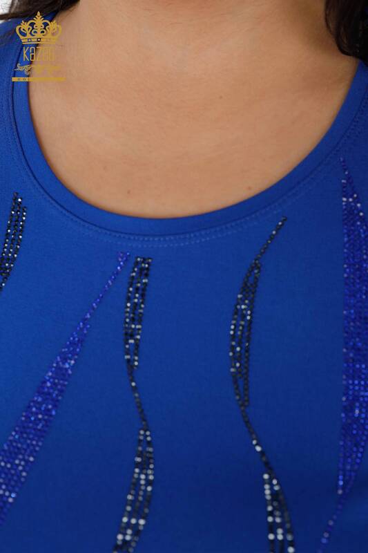 Toptan Kadın Bluz Kol Detaylı Çizgi Taş İşlemeli - 79024 | KAZEE