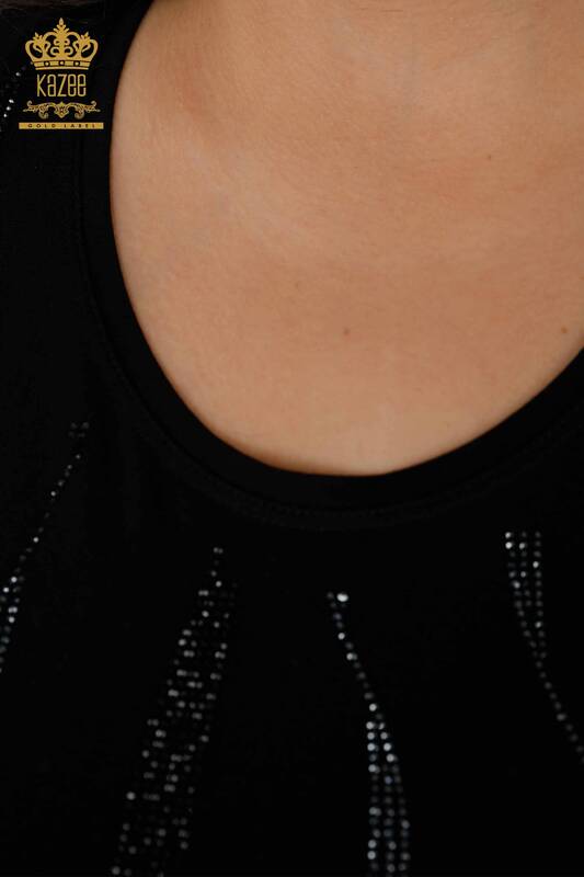 Toptan Kadın Bluz Kol Detaylı Çizgi Taş İşlemeli - 79024 | KAZEE