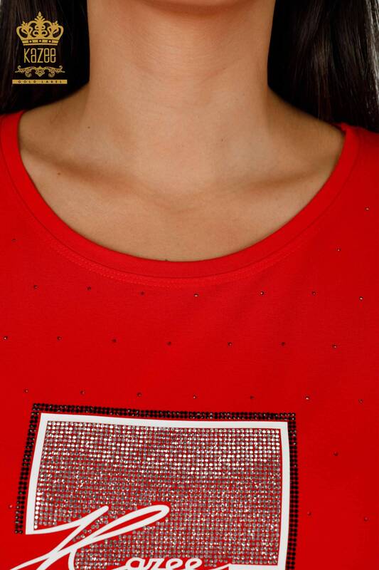 Toptan Kadın Bluz Kristal Taş İşlemeli Kırmızı - 79389 | KAZEE