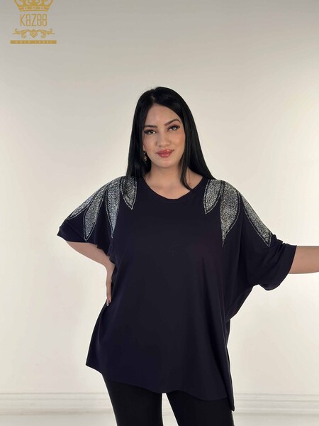 Toptan Kadın Bluz Kristal Taş İşlemeli Lacivert - 79580 | KAZEE - Kazee