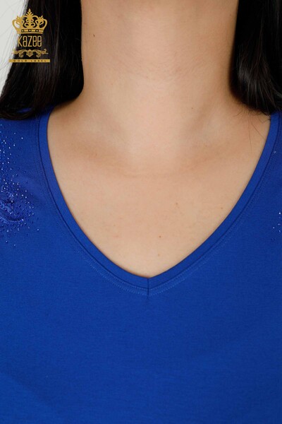 Toptan Kadın Bluz Kristal Taş İşlemeli Saks - 78911 | KAZEE - Thumbnail