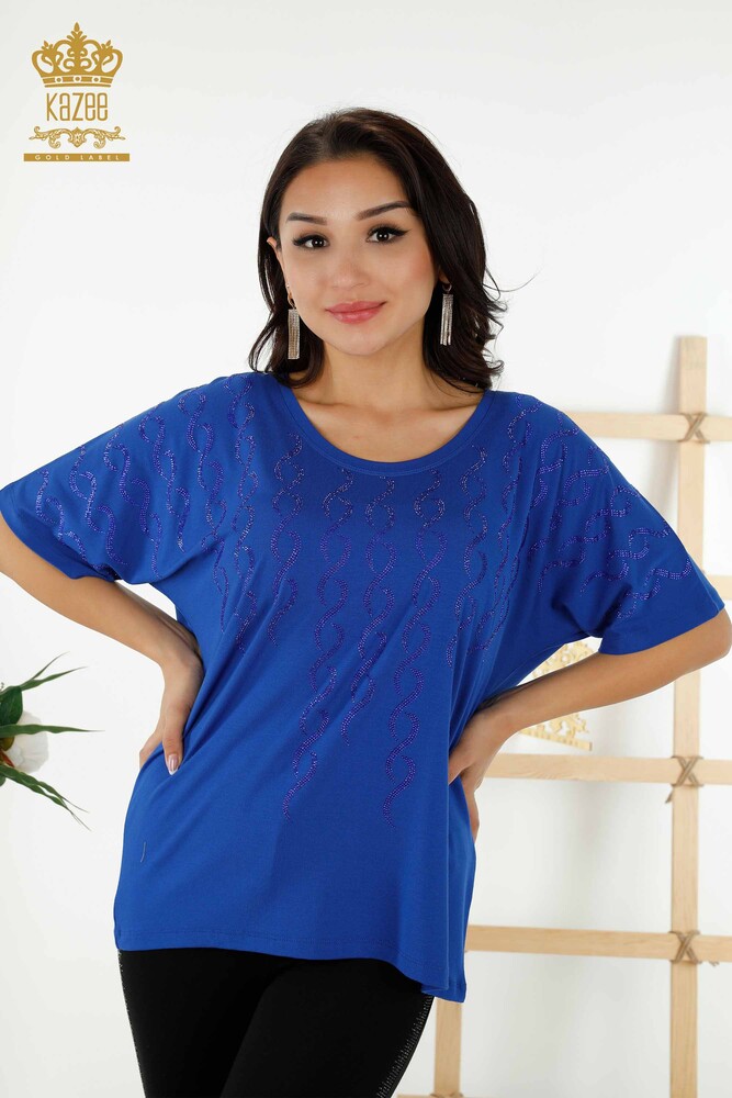 Toptan Kadın Bluz Kristal Taş İşlemeli Saks - 79069 | KAZEE - 1
