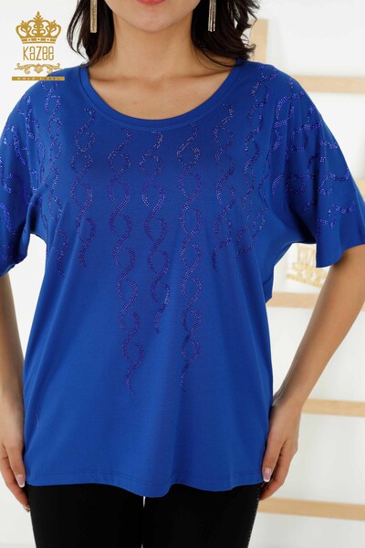 Toptan Kadın Bluz Kristal Taş İşlemeli Saks - 79069 | KAZEE - 2
