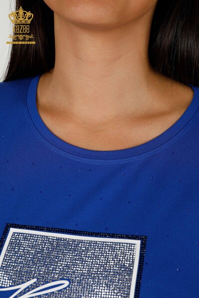 Toptan Kadın Bluz Kristal Taş İşlemeli Saks - 79389 | KAZEE - Thumbnail
