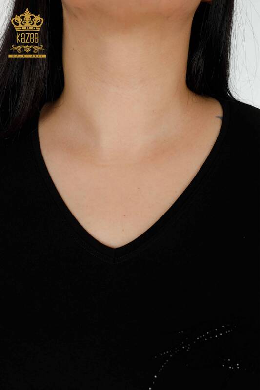 Toptan Kadın Bluz Kristal Taş İşlemeli Siyah - 77935 | KAZEE