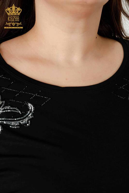 Toptan Kadın Bluz Kristal Taş İşlemeli Siyah - 79055 | KAZEE