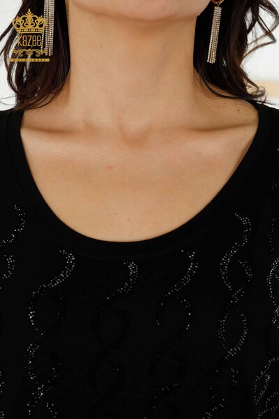 Toptan Kadın Bluz Kristal Taş İşlemeli Siyah - 79069 | KAZEE - Thumbnail
