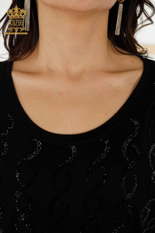 Toptan Kadın Bluz Kristal Taş İşlemeli Siyah - 79069 | KAZEE