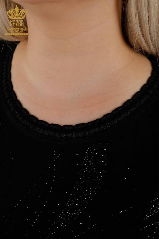Toptan Kadın Bluz Kristal Taş İşlemeli Siyah - 79223 | KAZEE