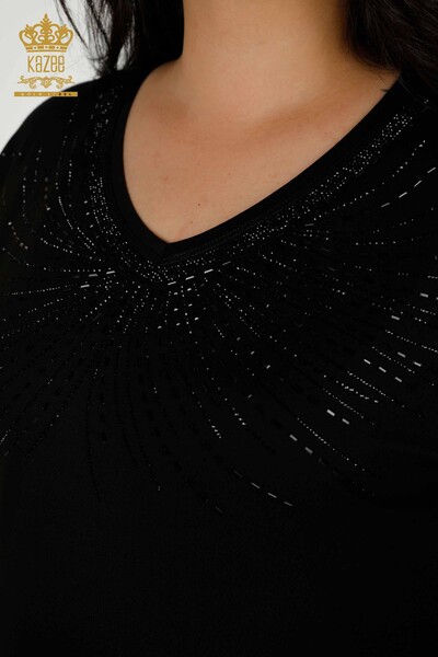 Toptan Kadın Bluz Kristal Taş İşlemeli Siyah - 79328 | KAZEE - Thumbnail (2)