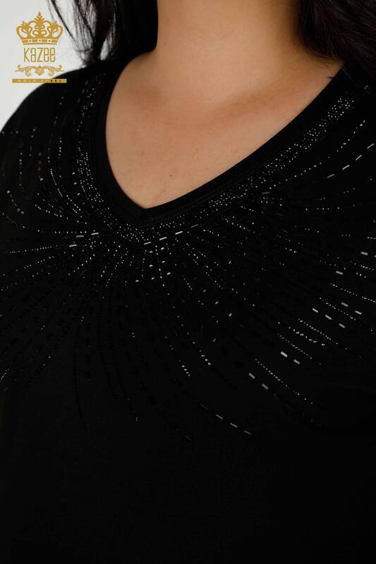 Toptan Kadın Bluz Kristal Taş İşlemeli Siyah - 79328 | KAZEE
