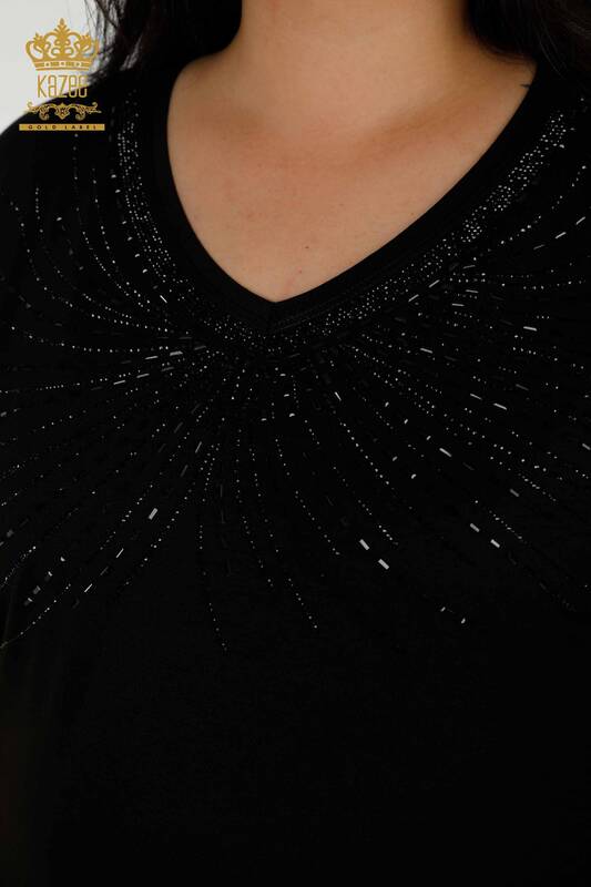 Toptan Kadın Bluz Kristal Taş İşlemeli Siyah - 79328 | KAZEE