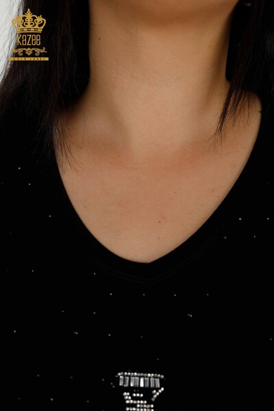 Toptan Kadın Bluz Kristal Taş İşlemeli Siyah - 79347 | KAZEE - Thumbnail