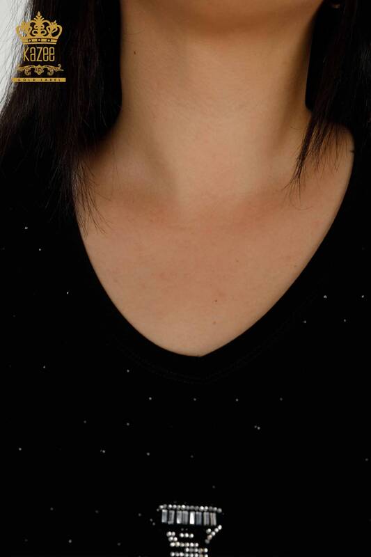 Toptan Kadın Bluz Kristal Taş İşlemeli Siyah - 79347 | KAZEE