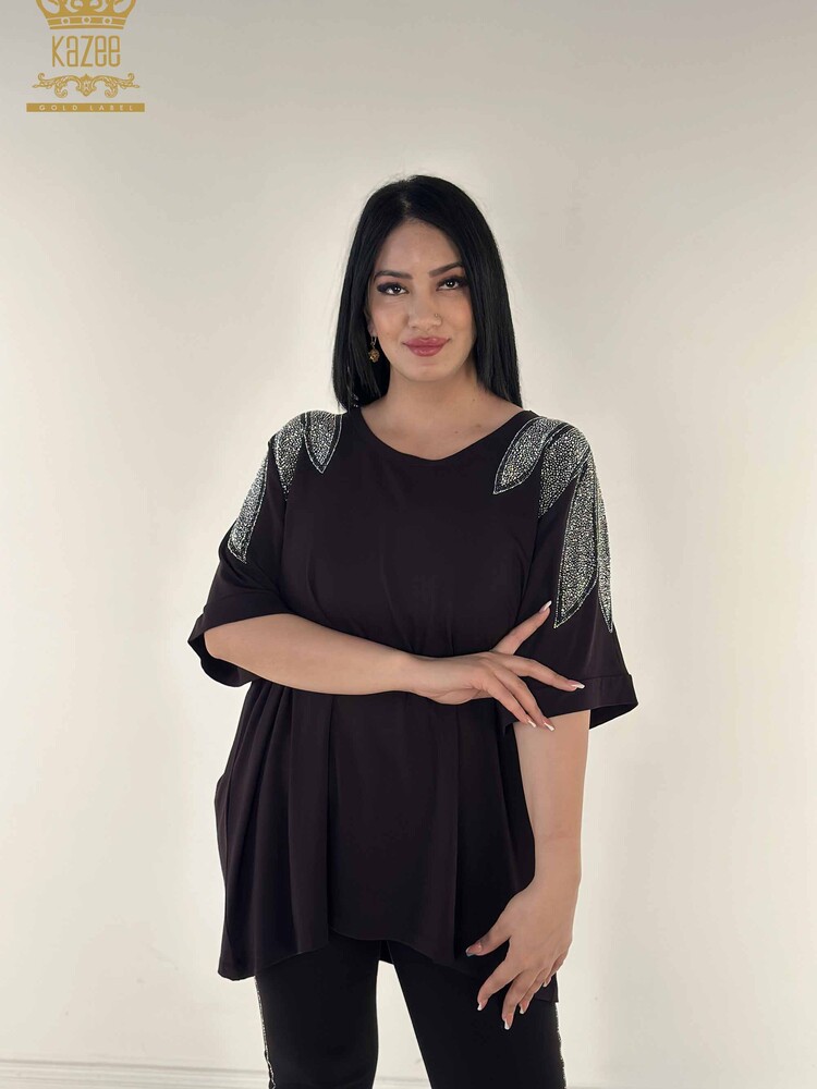 Toptan Kadın Bluz Kristal Taş İşlemeli Siyah - 79580 | KAZEE - 1