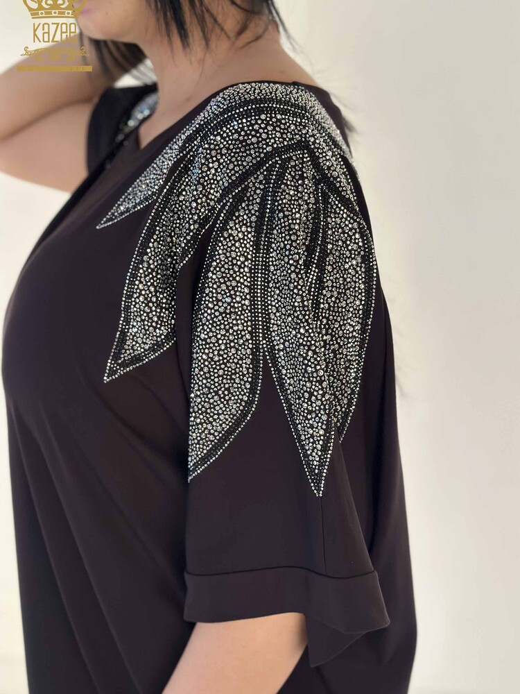 Toptan Kadın Bluz Kristal Taş İşlemeli Siyah - 79580 | KAZEE - 3