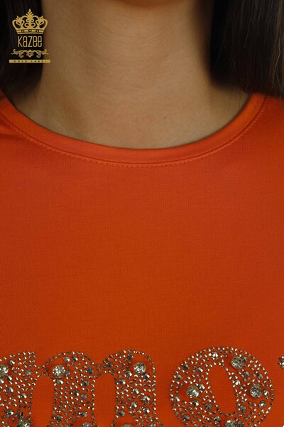 Toptan Kadın Bluz Kristal Taş İşlemeli Turuncu - 2402-231049 | S&M - Thumbnail