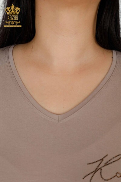 Toptan Kadın Bluz Kristal Taş İşlemeli Vizon - 77935 | KAZEE - Thumbnail