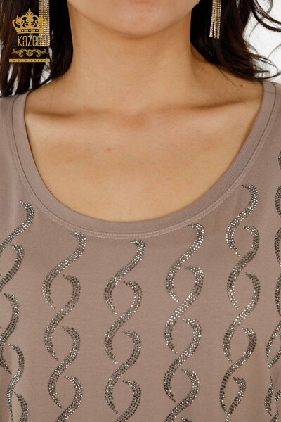 Toptan Kadın Bluz Kristal Taş İşlemeli Vizon - 79069 | KAZEE - Thumbnail