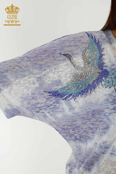 Toptan Kadın Bluz Kuş Desenli İndigo - 79124 | KAZEE - Thumbnail