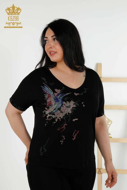 Toptan Kadın Bluz Kuş Desenli Siyah - 79296 | KAZEE