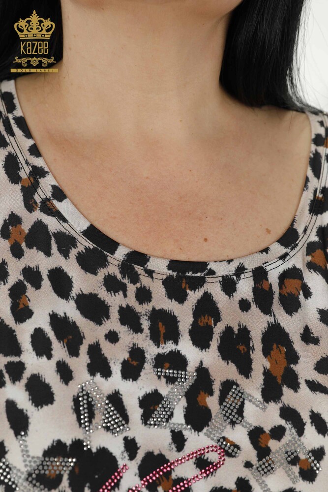 Toptan Kadın Bluz Leopar Desenli Kahve - 77783 | KAZEE - 4