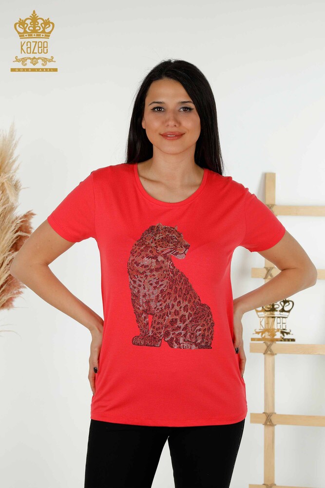 Toptan Kadın Bluz Leopar Desenli Mercan - 78942 | KAZEE - 1