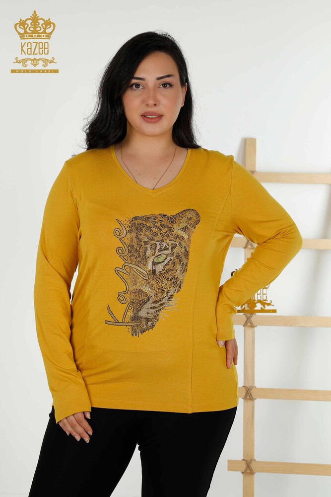 Toptan Kadın Bluz Leopar Desenli Safran - 79040 | KAZEE - 1