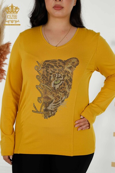 Toptan Kadın Bluz Leopar Desenli Safran - 79040 | KAZEE - 2
