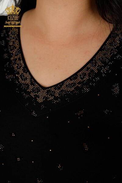 Toptan Kadın Bluz Leopar Taş İşlemeli Siyah - 79377 | KAZEE - Thumbnail