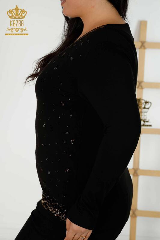 Toptan Kadın Bluz Leopar Taş İşlemeli Siyah - 79377 | KAZEE