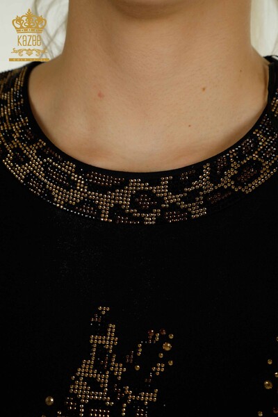 Toptan Kadın Bluz Leopar Taş İşlemeli Siyah - 79383 | KAZEE - Thumbnail