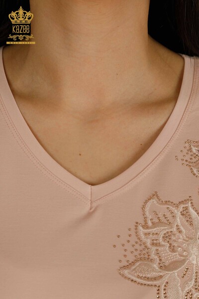 Toptan Kadın Bluz Nakış İşlemeli Pudra - 79883 | KAZEE - Thumbnail