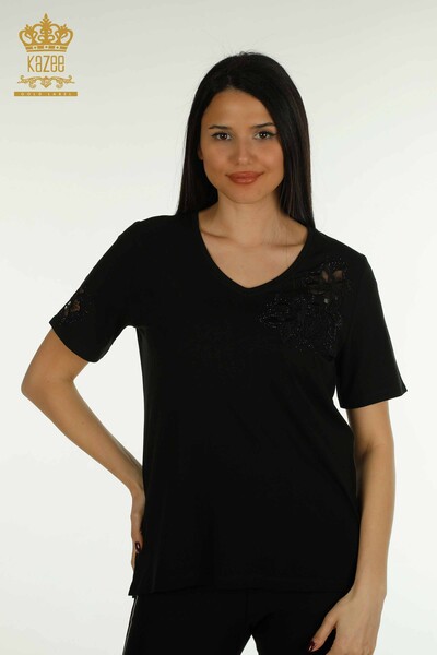 Kazee - Toptan Kadın Bluz Nakış İşlemeli Siyah - 79883 | KAZEE