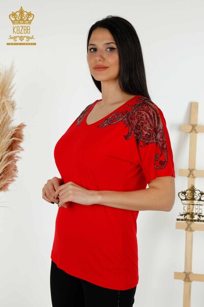 Toptan Kadın Bluz Omuz Detaylı Kırmızı - 79054 | KAZEE - Thumbnail
